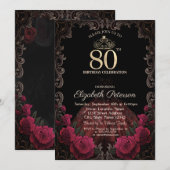 Dress,Tiara,Red Roses Gothic Frame 80th Birthday 招待状 (正面/裏面)