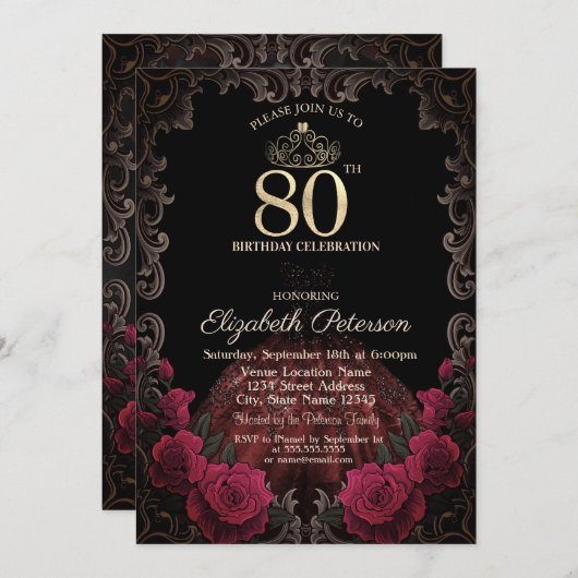  Dress,Tiara,Red Roses Gothic Frame 80th Birthday 招待状 (正面/裏面)