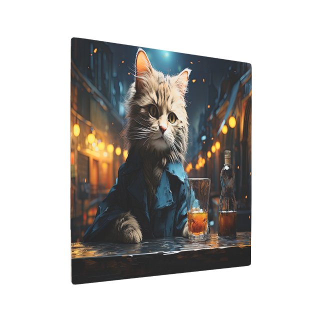 Dressed Cat at Cafe by Night メタルプリント (アングル)