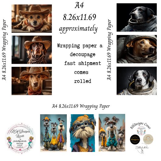 Dressed Up Dogs A4 Wrapping Paper for Decoupage  ラッピングペーパーシート