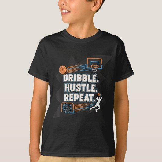 Dribble Hustle Repeat Motivational Basketball Desi Tシャツ (正面)