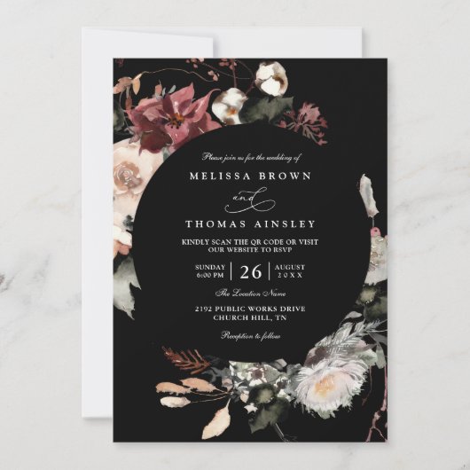 Dried Burgundy Rustic Florals Boho QR Code Wedding 招待状 (正面)