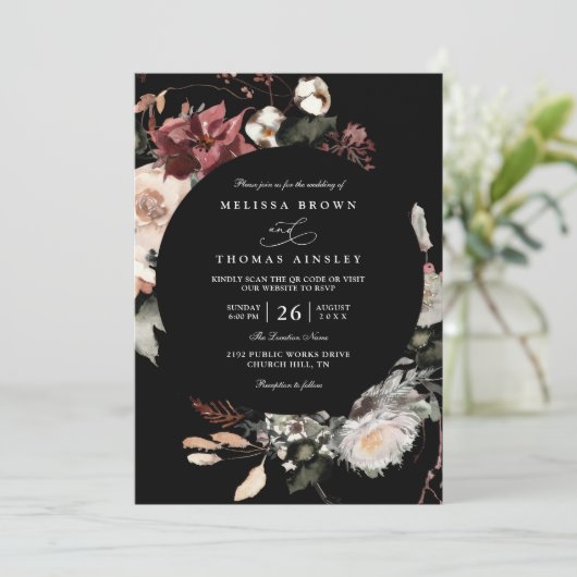 Dried Burgundy Rustic Florals Boho QR Code Wedding 招待状 (スタンド正面)