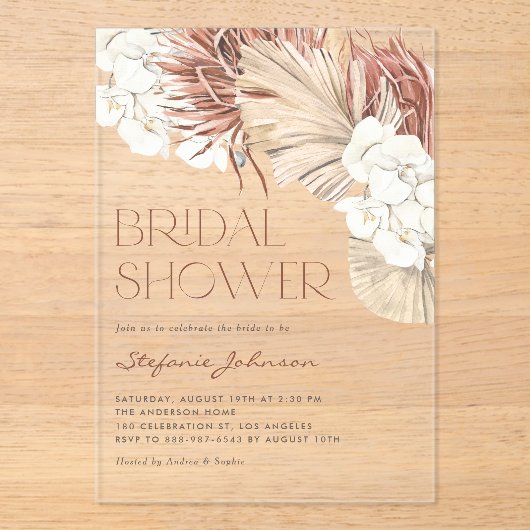 Dried Palm and White Orchids Boho Bridal Shower アクリル招待状 (正面)