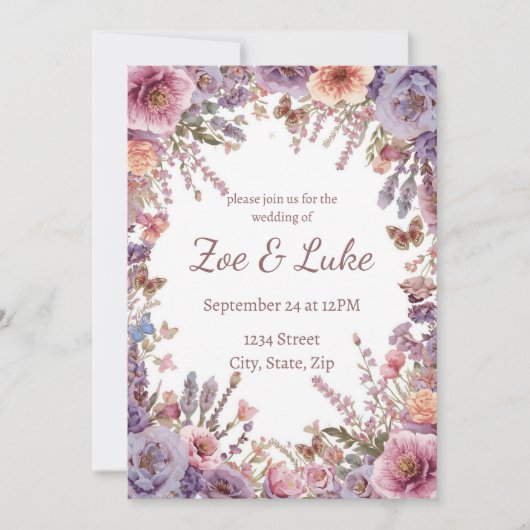 Dried Pressed Pink Lavender Wildflower Wedding 招待状 (正面)