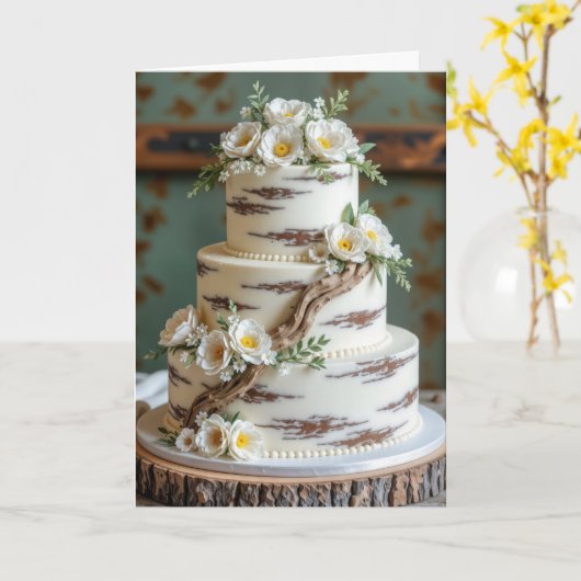 Driftwood Wedding Cake Congratulations カード (黄色い花)