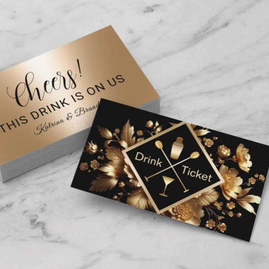 Drink Ticket Modern Gold Floral Free Drink Voucher 名刺