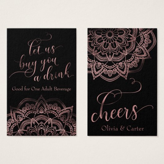 Drink Tickets, Elegant Rose Gold Script & Mandala (正面&裏面)