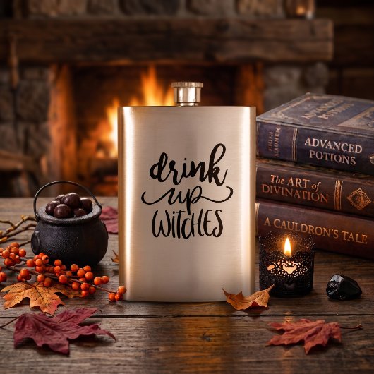 Drink Up Witches 面白いハロウィンの筆記体の引用 フラスク