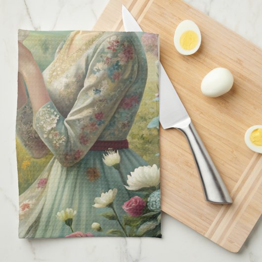 Drinking Tea in Garden キッチンタオル (四つ折り)