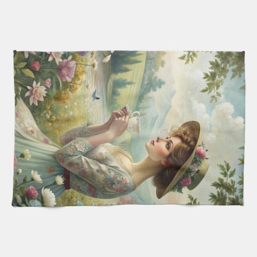 Drinking Tea in Garden キッチンタオル (横)