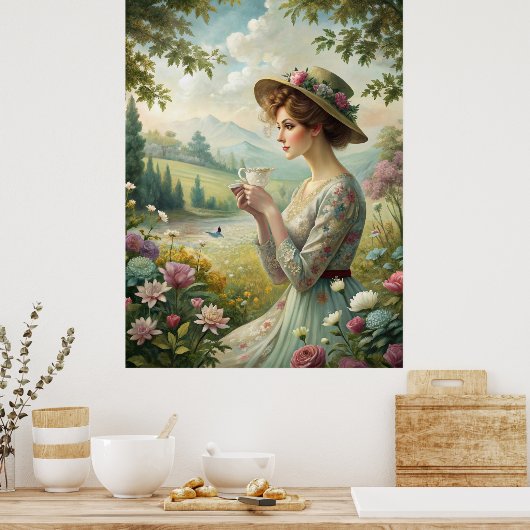 Drinking Tea in Garden ポスター (キッチン)