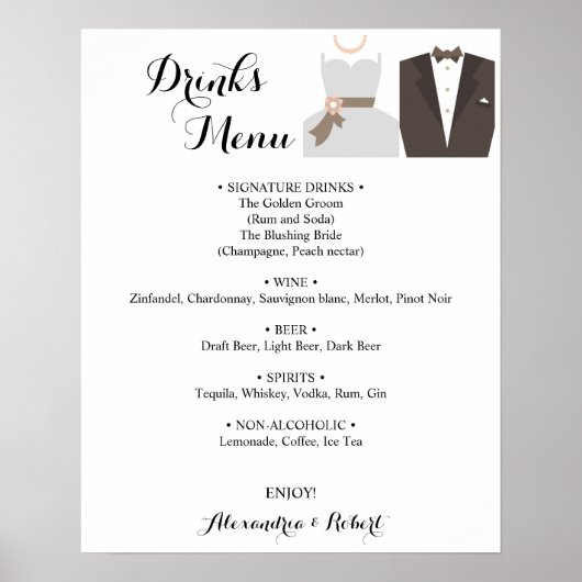 Drinks Menu Bride & Groom Bridal Wedding Poster ポスター (正面)