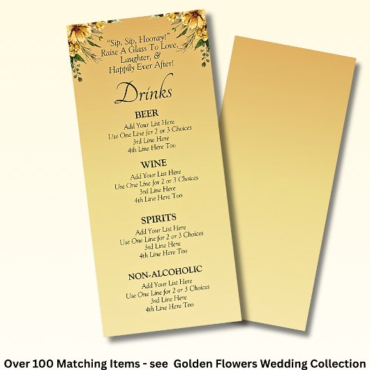 Drinks Menu Card - Golden Flowers Wedding Set メニュー