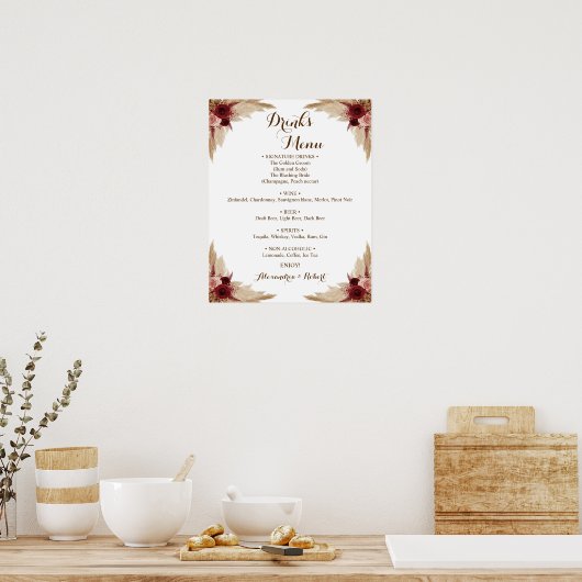 Drinks Menu Pampas Grass Bridal Wedding  Poster ポスター (キッチン)