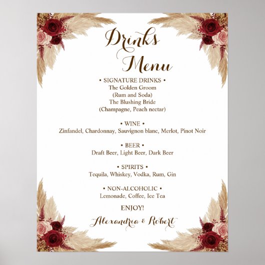 Drinks Menu Pampas Grass Bridal Wedding  Poster ポスター (正面)