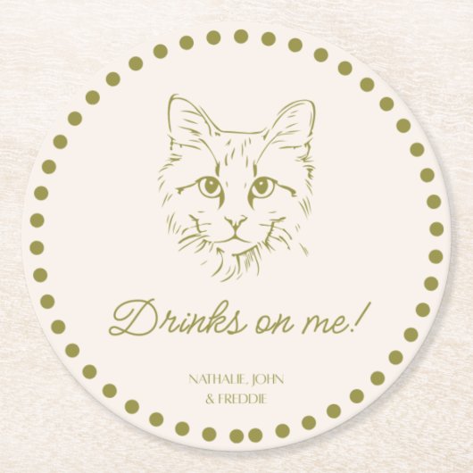 Drinks on Me! Cat Wedding Engagement Party Coaster ラウンドペーパーコースター (正面)