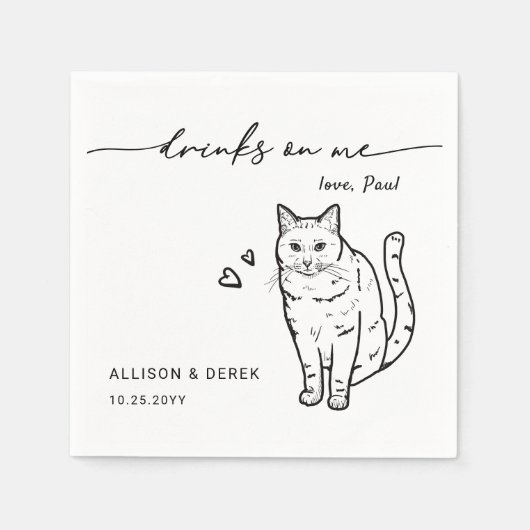 Drinks on Me Script Cute Pet Cat Wedding スタンダードカクテルナプキン (正面)