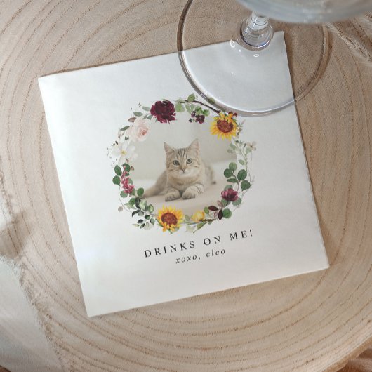 Drinks on Us Modern Cute Pet Photo Floral Wedding スタンダードカクテルナプキン