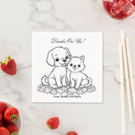 Drinks On Us Simple Drawing Cute Dog & Cat Wedding スタンダードカクテルナプキン