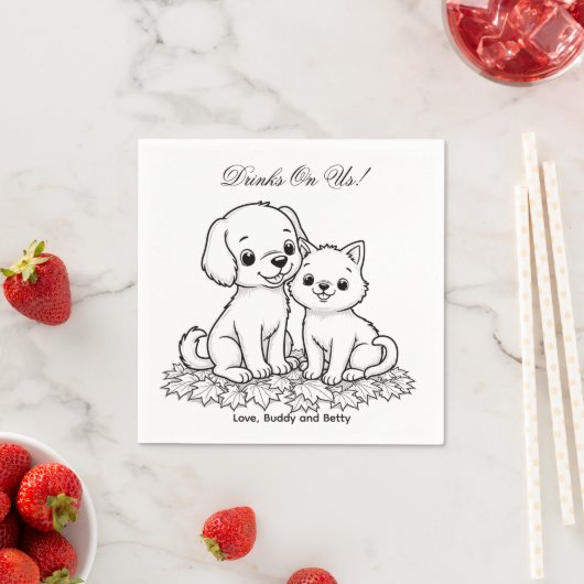 Drinks On Us Simple Drawing Cute Dog & Cat Wedding スタンダードカクテルナプキン (インサイチュ)