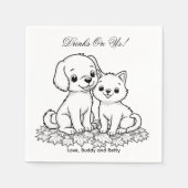 Drinks On Us Simple Drawing Cute Dog & Cat Wedding スタンダードカクテルナプキン (正面)