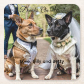 Drinks On Us Simple Photo Cute Fun Dog Pet Wedding スクエアペーパーコースター (正面)