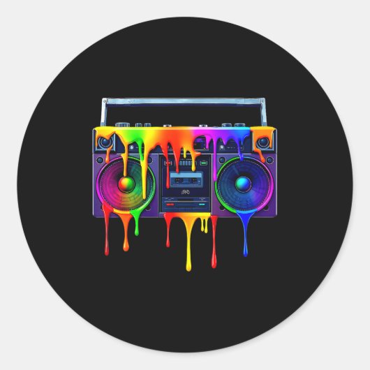 Dripng Paint Boombox Funny Old School 80s Music Hi ラウンドシール (正面)