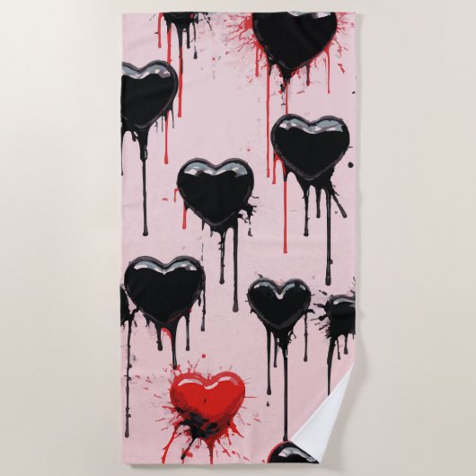 Dripping Black Hearts Pattern – Dark Love Art ビーチタオル (正面)