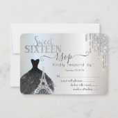 Drips Black Dress Eiffel Tower Sweet 16 RSVP 招待状 (正面)