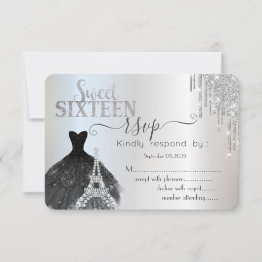  Drips Black Dress Eiffel Tower Sweet 16 RSVP  招待状 (正面)