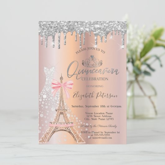  Drips Diamond Dress Eiffel Tower Bow Quinceañera  招待状 (スタンド正面)