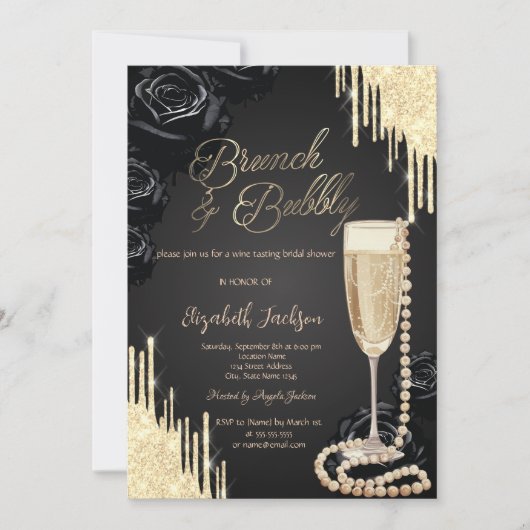 Drips Pearls Prosecco Black Roses Bridal Shower 招待状 (正面)