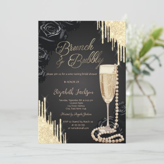  Drips Pearls Prosecco Black Roses Bridal Shower 招待状 (スタンド正面)