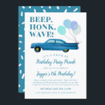 Drive By Boy Barthday Party Blue Vintage Car 招待状<br><div class="desc">バルーン付きの青いビンテージカーのイラストレーションが特徴の誕生日パーティー案内カード。文字は「ビープ音」と言う。 社会的距離を置いている間に、パーティーを通しての男の子の運動に最適です。</div>