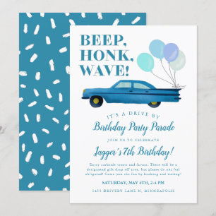 Drive By Boy Birthday Party Blue Vintage Car 招待状