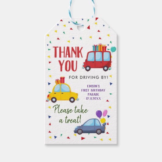 Drive by Kid's Birthday Party Parade Thank Youラベル ギフトタグ (正面)