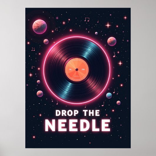 Drop the Needle – レトロなビニールレコードが宇宙を漂う ポスター (正面)