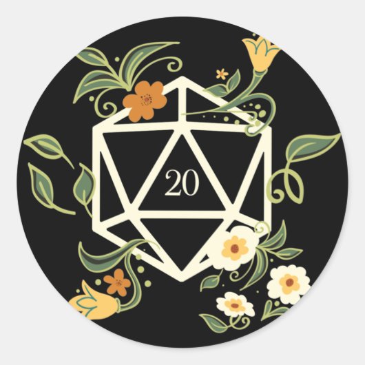 Druid D20サイコロ植物と花 ラウンドシール (正面)