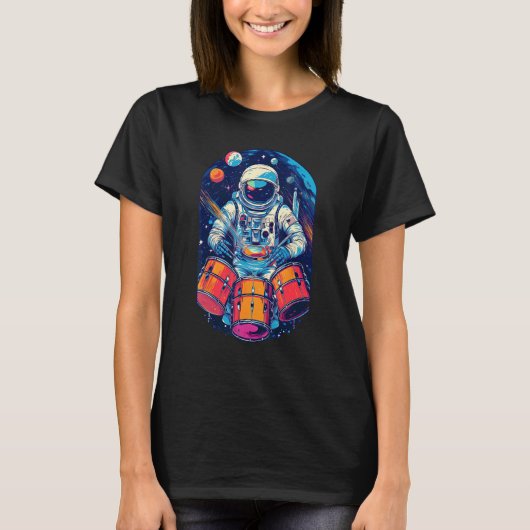 Drum Playing Astronaut Astronaut Drummer Boy Space Tシャツ (正面)
