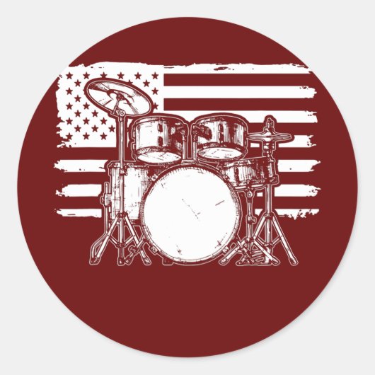 Drum Set American Flag Drummer Patriotic Drum ラウンドシール (正面)