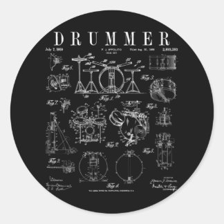 Drum Set Kit Vintage Patent Drummer Drawing Print ラウンドシール
