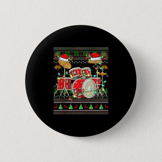 Drum Ugly Christmas Sweater Musical Drum Player Dr 缶バッジ (正面)