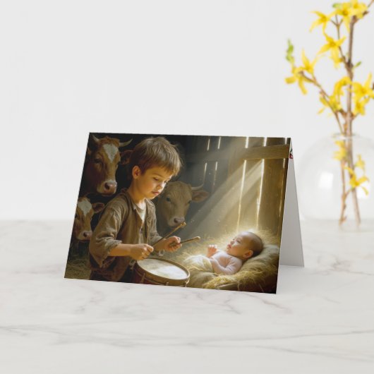 Drummer Boy Playing His Drum for Baby in Manger カード (黄色い花)