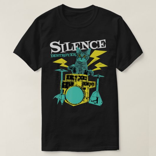 Drummer Cat Silence Destroyer Funny Drums Drumming Tシャツ (デザイン正面)
