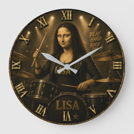 Drummer Funny Mona Lisa Rock Music Drum Set Gift ラージ壁時計 (正面)