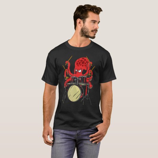 Drummer Octopus Drumstick Playing Drum Sea Animal  Tシャツ (正面フル)