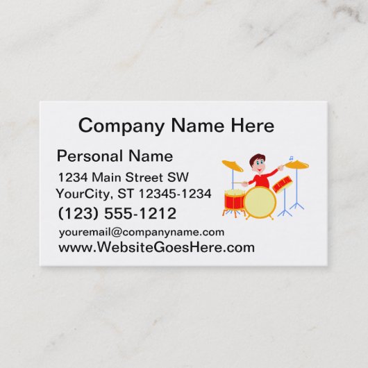 drumsetの鋭い端を遊んでいる漫画の男の子 名刺 (正面)