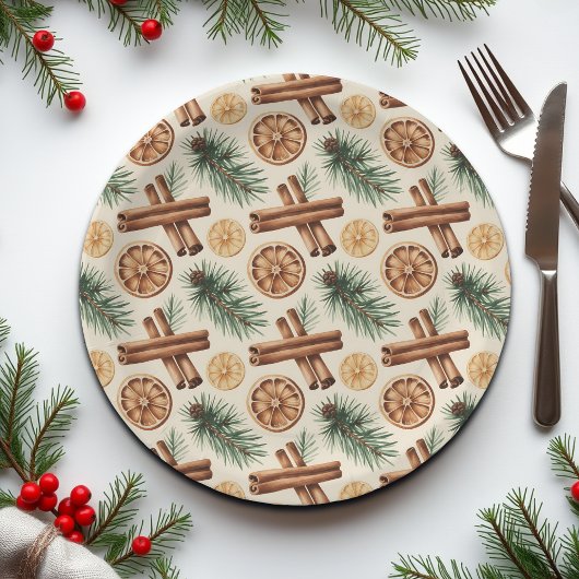 Dry Oranges Cinnamon Sticks Fir Branches ペーパープレート