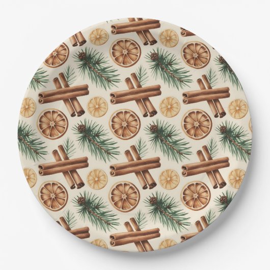 Dry Oranges Cinnamon Sticks Fir Branches ペーパープレート (正面)